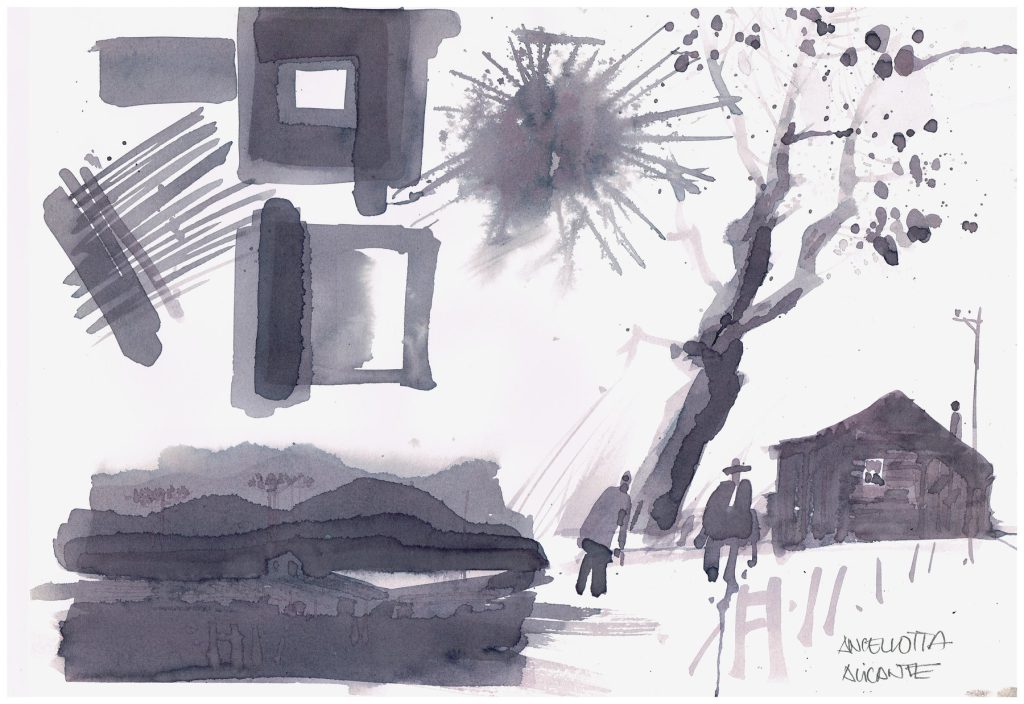 Ocaso, aquarela pintada com vinho por Antonio Giacomin